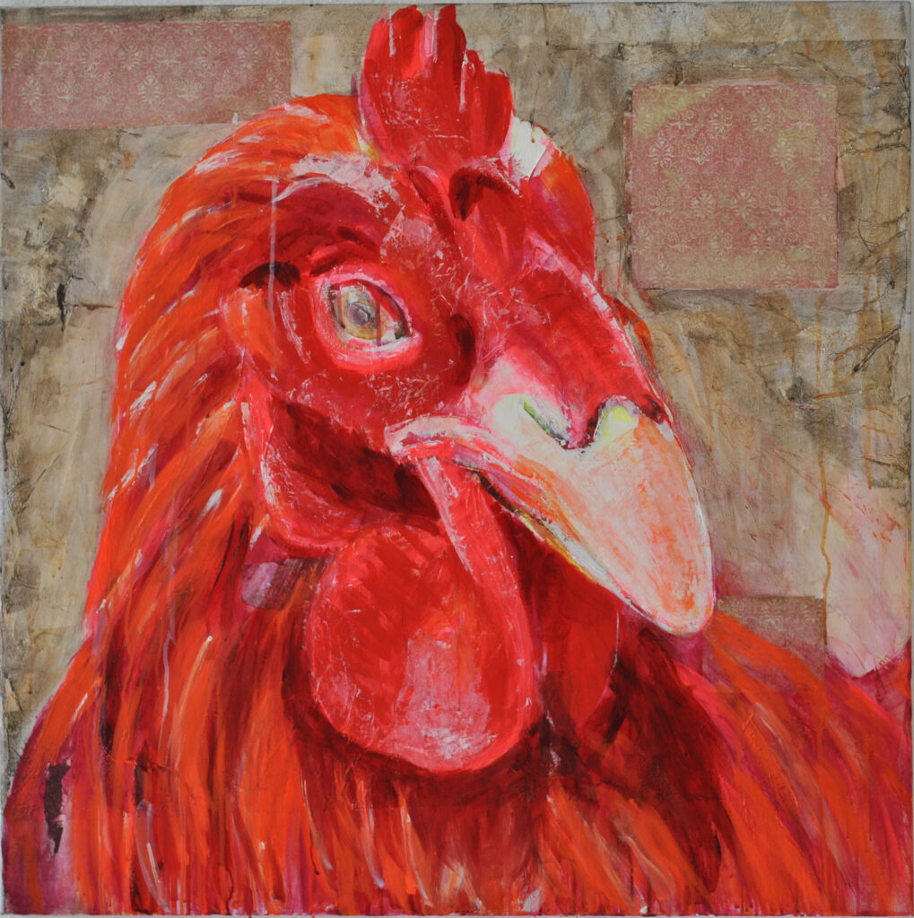 Huhn vor alten Tapeten, 90x90cm
