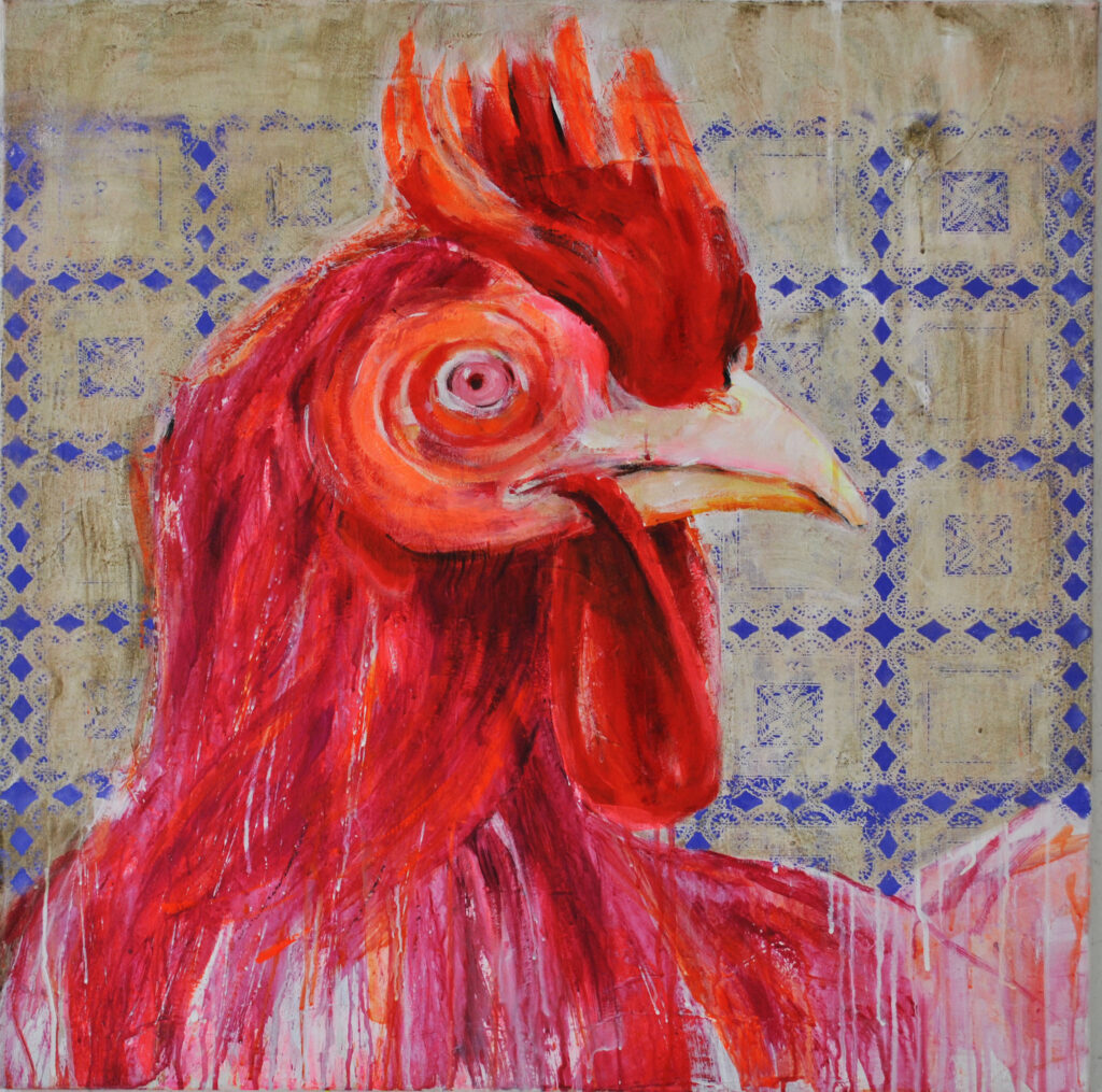 Huhn vor gekacheltem Hintergrund, 80x80cm