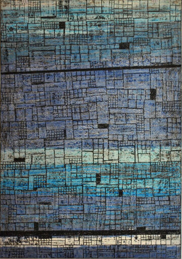 Defragmentierung blu, 100x70, Ölpastelle/Papier