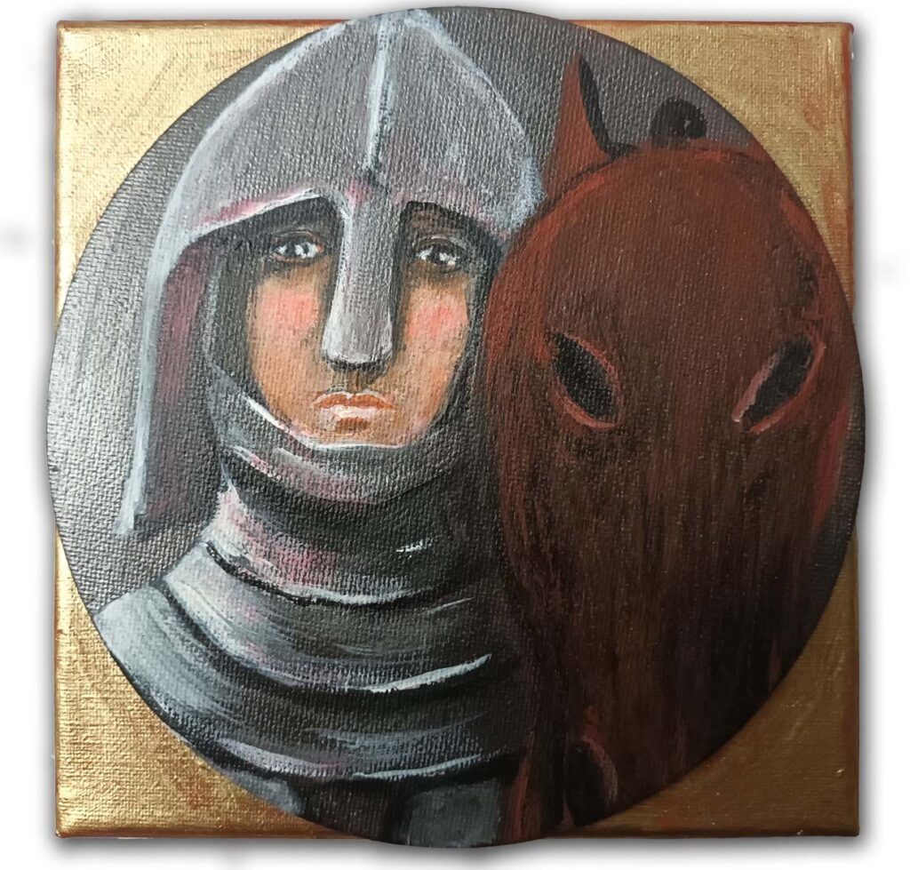 Piccolo cavaliere con cavallo di legno su sfondo d'oro, 15x15cm